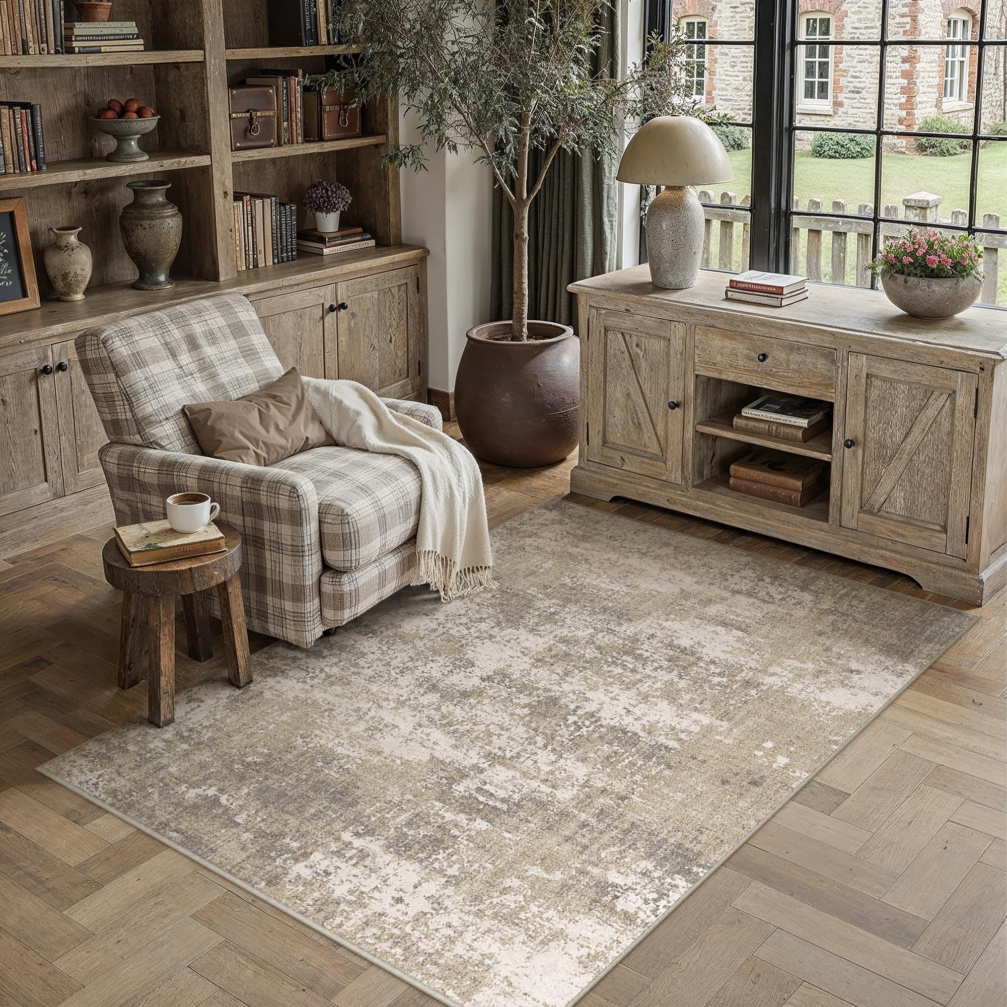 PureCozy Beige Brown Area Rug 3x5 Modern Abstract