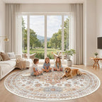 zesthome 8ft Round Rugs for Living Room, Non-Slip Washable Round Area Rugs, Ultra-Thin Large Circle Rugs, Soft Low Pile Rug for Bedroom, Kitchen - Vintage Stain Resistant Round Rug (Orange,8'x8')