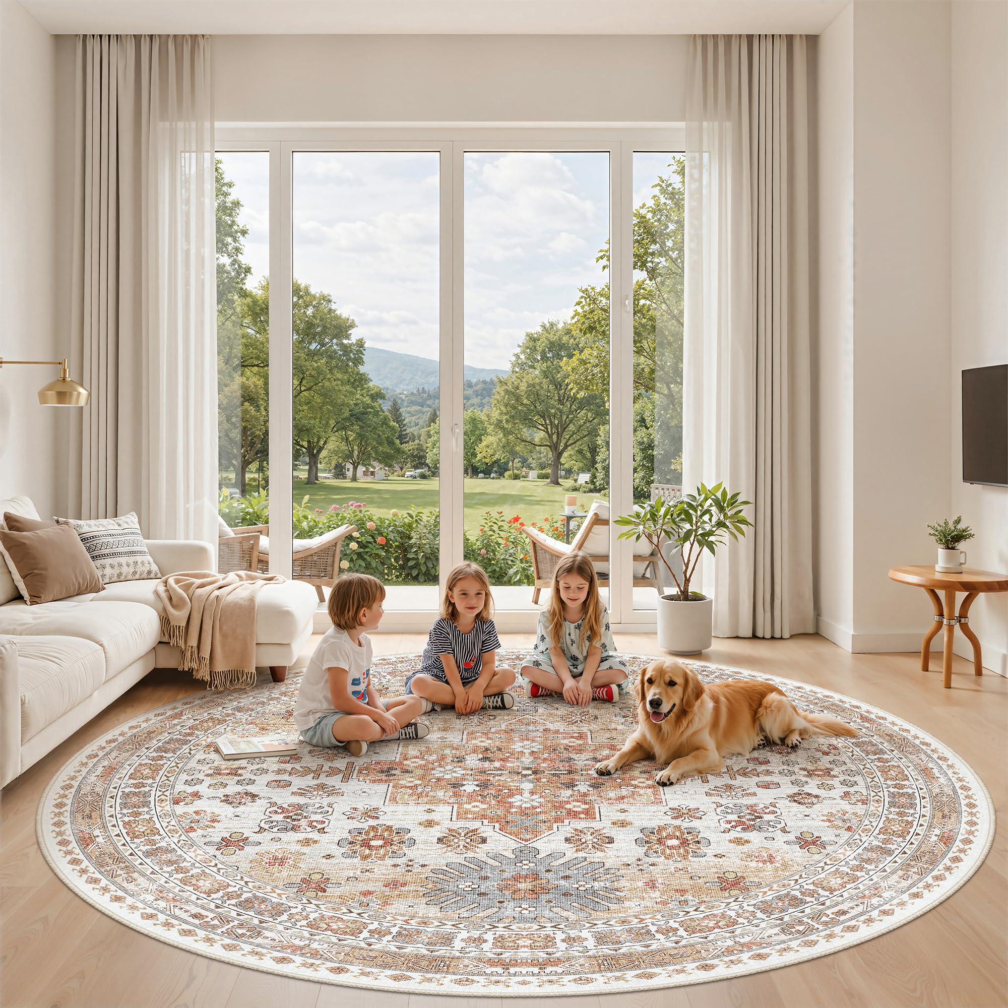 zesthome Round Rug 8ft,Circle Rug for Dining Room Table,Orange