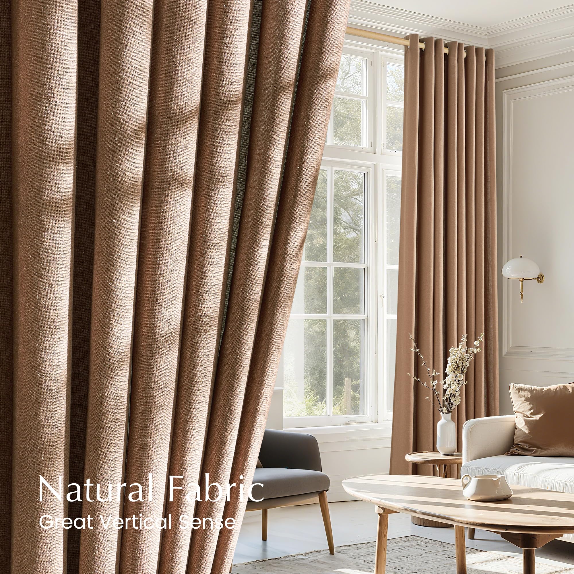 NICETOWN Linen Gold Brown Curtains for Living Room, Rustic Grommet Semi Sheer Linen Blend Privacy Assured with Light Filtering for Living Room/Bedroom, W55 x L96, 2 Panels