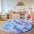 ONASAR Rainbow Round Area Rugs 5ft, Soft Bedroom Circle Rug Mats for Kids Girls Teen Room, Mermaid Fluffy Plush Shaggy Carpet for Baby Nursery Living Room Playroom Home Decor Princess Castle