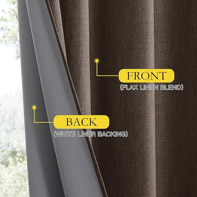 NICETOWN Coffee Vintage Linen 100% Blackout Curtains for Living Room, Thermal Insulated Curtains 45" Long, Noise Reducing Window Treatment Drapes for Hall Room, 52" Wide Per Panel, Set of 2