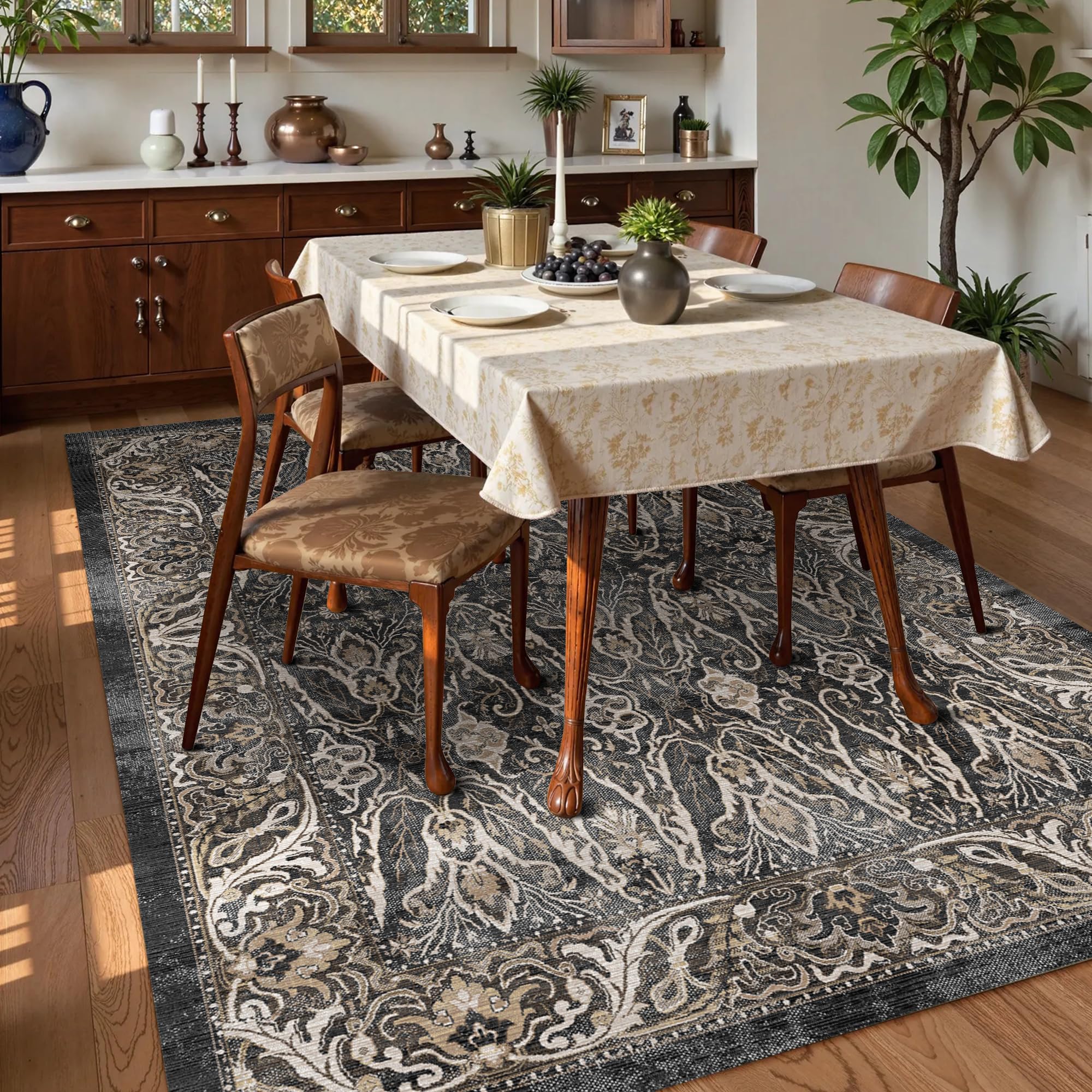 Washable Area Rug 8' x 10' Vintage Traditional Persian Mat - Foldable Distressed Non-Slip Machine Washable Carpet for Living Room Bedroom Kitchen Home Decor - Ebony and Taupe