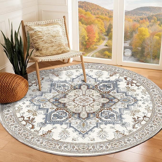 OPPODREAM Soft Area Rugs 5', Persian-Inspired Washable Rug, Cream White & Blue