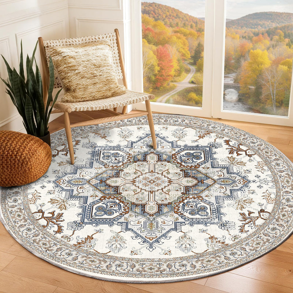 OPPODREAM Soft Area Rugs 6', Persian-Inspired Washable Rug, Cream White & Blue