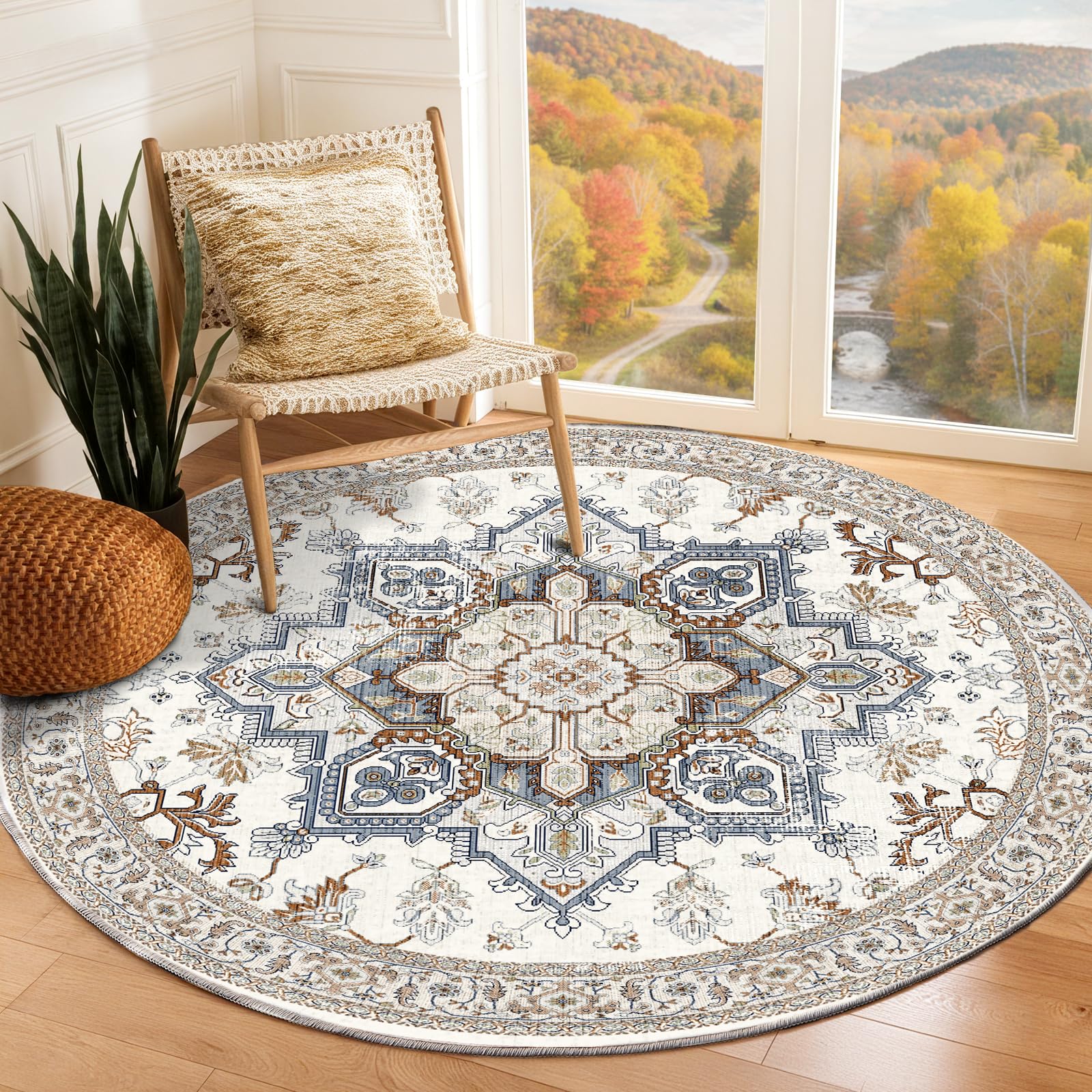 OPPODREAM Soft Area Rugs 6', Persian-Inspired Washable Rug, Cream White & Blue