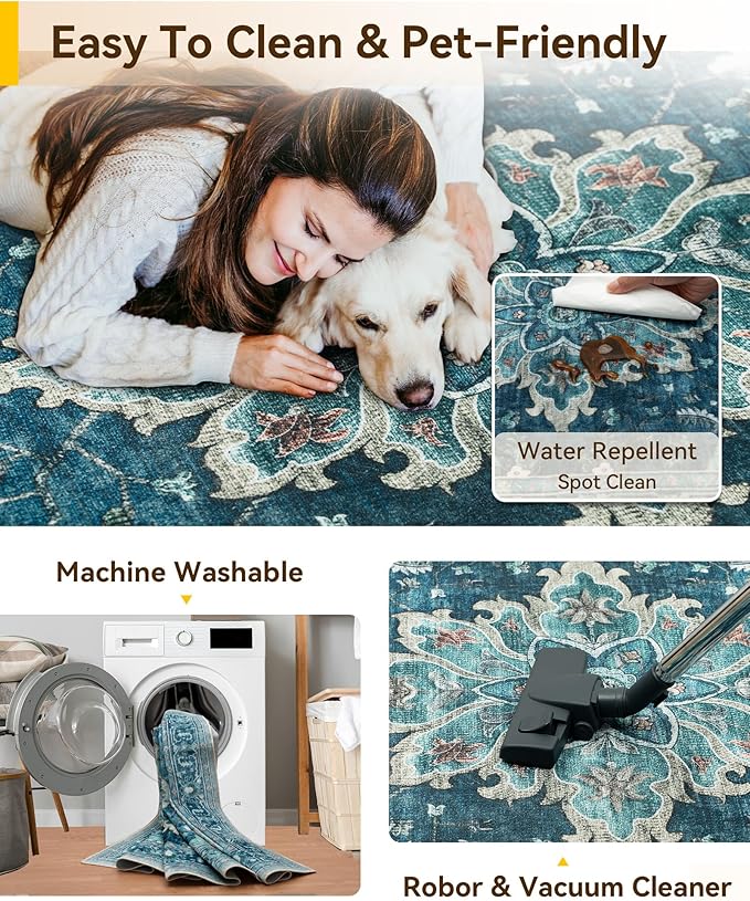 RELEANY Area Rugs Square 8ft Washable Non-Slip, Floral Vintage Distress Print Pattern Medallion Carpet for Living Room Bedroom Dining Room, Teal Green Lake Blue Turquoise