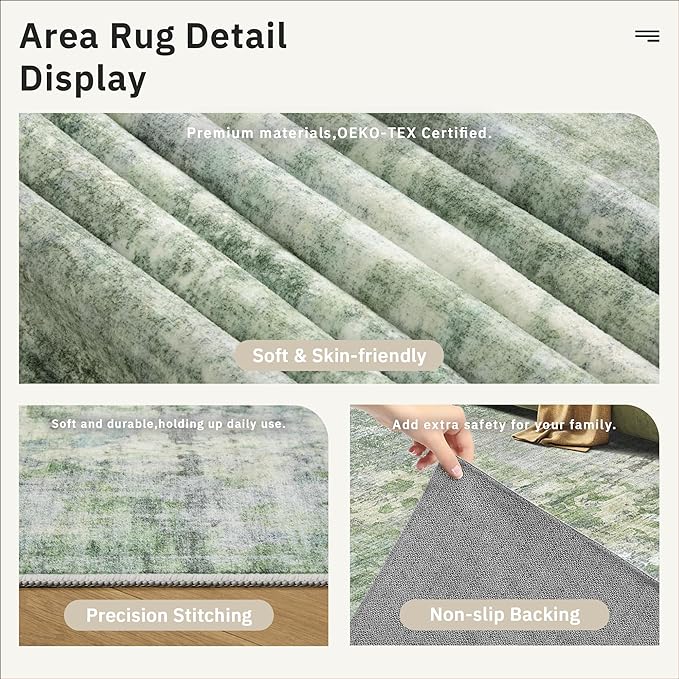 Soalmost Abstract Rug 8x12 Large Living Room Area Rugs Washable Green/Ivory