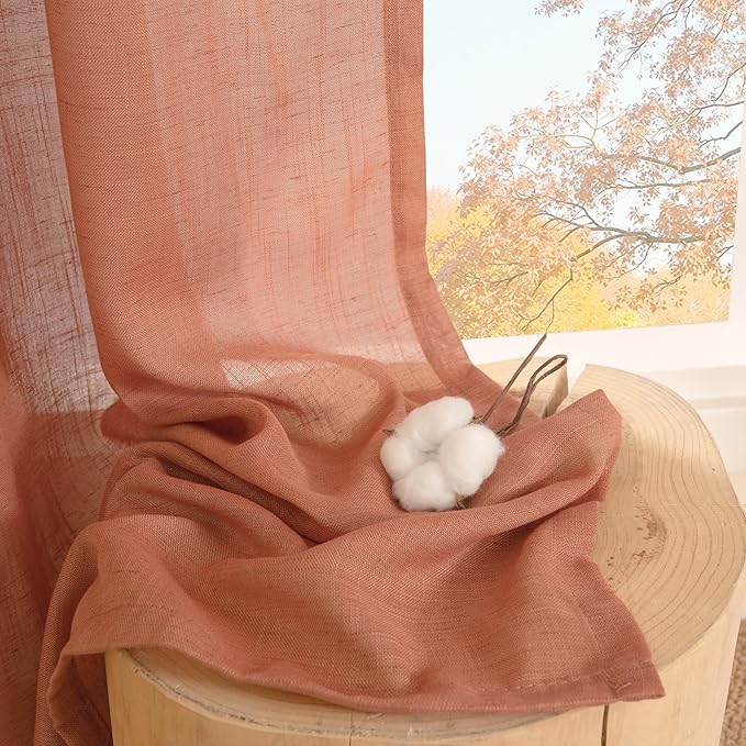 BGment Boho Terracotta Linen Curtains for Living Room 84 Inches Long, Burnt Orange Light Filtering Drapes Semi Sheer with Rod Pocket for Fall Bedroom Rust Color, Each 52 Inch Wide