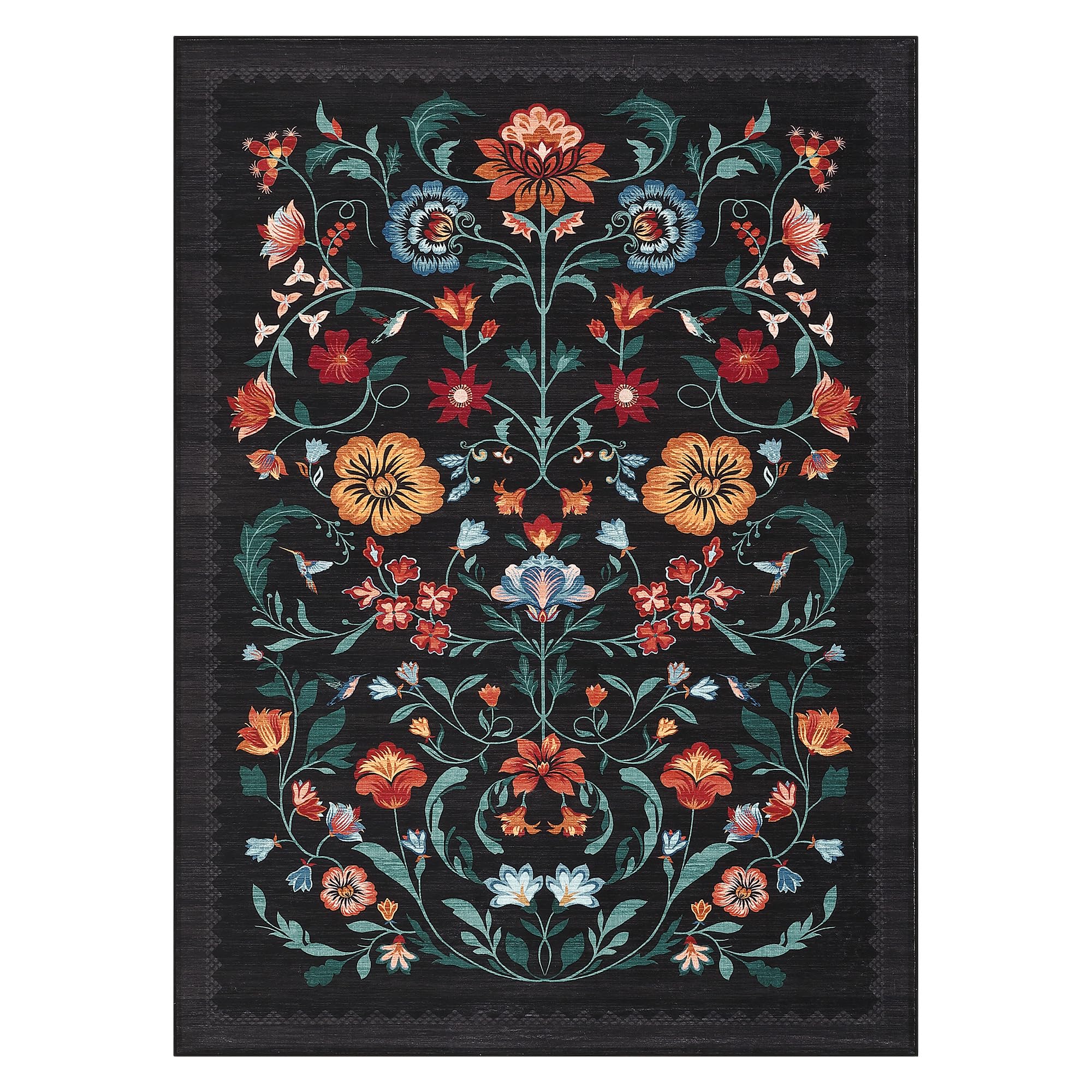 GarveeHome Washable Rug 5x7 Area Rugs for Living Room, Floral Rug for Bedroom, Soft Boho Non Slip Throw Rugs with Rubber Back, Low Pile Stain Resistant Vintage Floral Carpet for Dining Room, Black