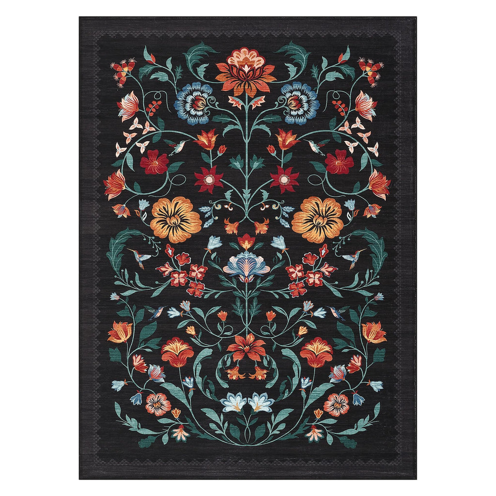 GarveeHome Washable Rug 4x6 Area Rugs for Living Room, Floral Rug for Bedroom, Soft Boho Non Slip Throw Rugs with Rubber Back, Low Pile Stain Resistant Vintage Floral Carpet for Dining Room, Black