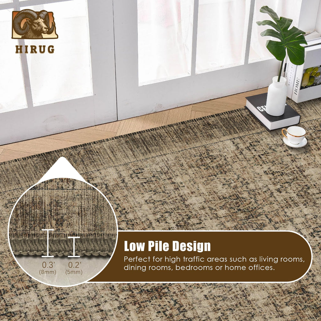 Washable Area Rug 6' x 9' Vintage Traditional Persian Mat - Foldable Distressed Non-Slip Machine Washable Carpet for Living Room Bedroom Kitchen Home Decor - Mocha and Taupe