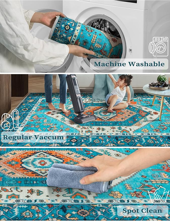 SERISSA Boho Washable Runner Rug, 2x5 Rug Runner Non-Slip Vintage Blue Hallway Kitchen Runner Rug Ultra Soft Print Distressed Tribal Floor Carpet Runner for Bedroom Bathroom Laundry Living Room