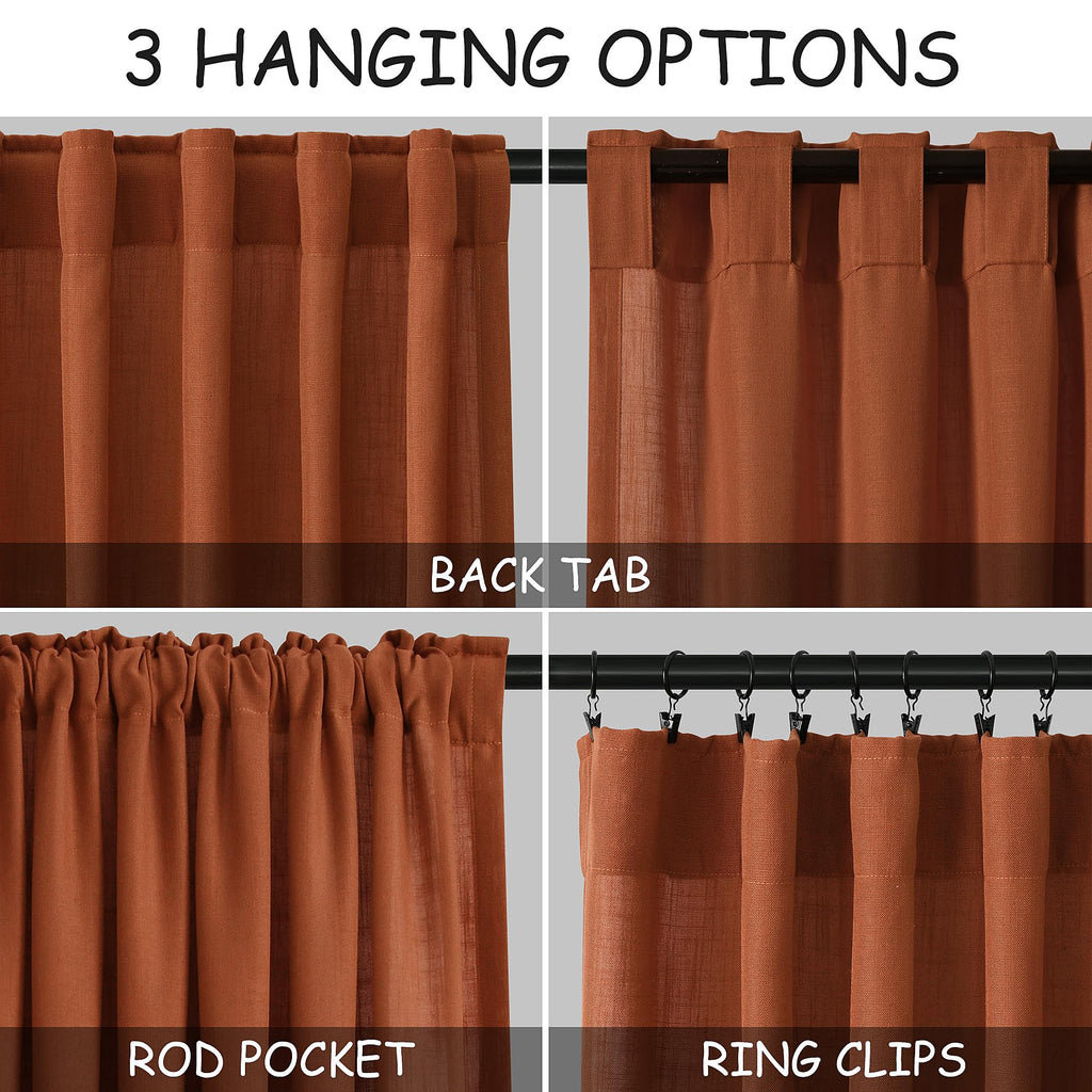 Linen Blend Terracotta Curtains 96 inches Long 2 Panel Back Tab Rod Pocket Rustic Farmhouse Boho Curtains for Dining Room Semi Sheer Brick Burnt Bohemian Fall Decor Rust Curtain 96 inch Length