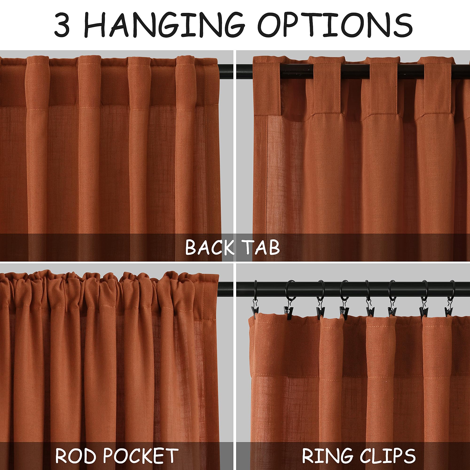 Linen Blend Terracotta Curtains 96 inches Long 2 Panel Back Tab Rod Pocket Rustic Farmhouse Boho Curtains for Dining Room Semi Sheer Brick Burnt Bohemian Fall Decor Rust Curtain 96 inch Length