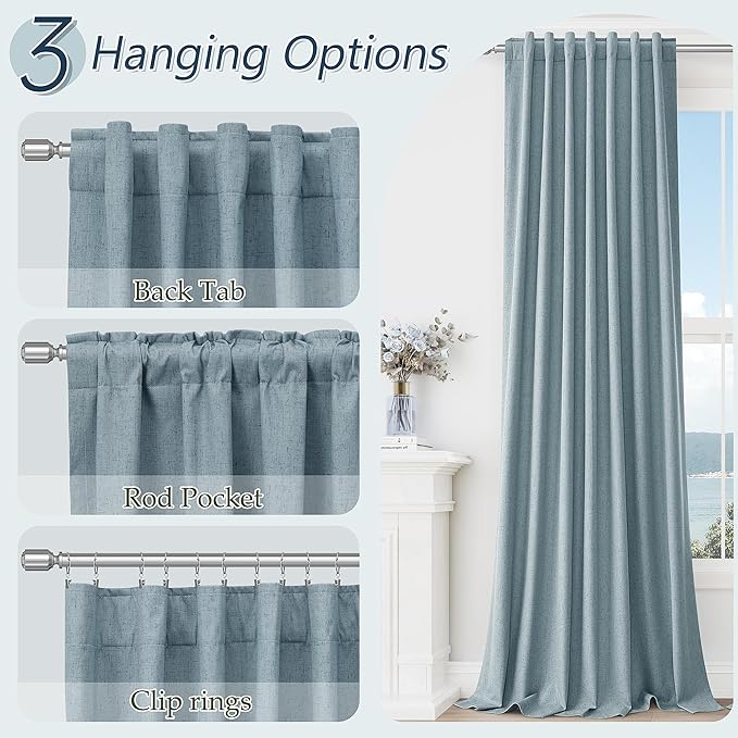 Guken Blue 100% Blackout Linen Curtains 84 Inch Length 2 Panels Set for Living Room Bedroom Back Tab Thermal Insulated Black Out Drapes Room Darkening Window Curtains 84 Inches Long Dusty Blue