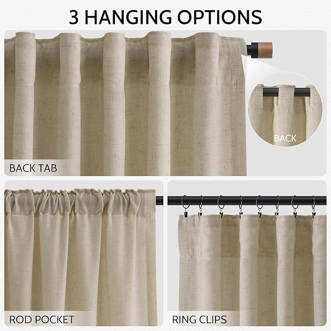 Nanspring Eggshell Beige Curtains 108 Inches Long for Living Room Linen Light Filtering Semi Sheer Curtain Back Tab Rustic Decor Neutral Floor to Ceiling High Window for Bedroom 52x108, 2 Panels