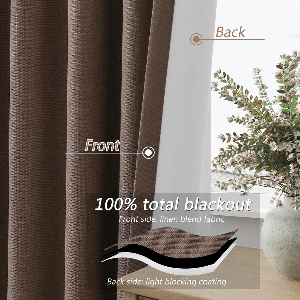 Guken 100% Blackout Curtains 120 Inch Length 2 Panels Set for Living Room Bedroom Back Tab Thermal Insulated Black Out Linen Drapes Room Darkening Mocha Mousse,52x120