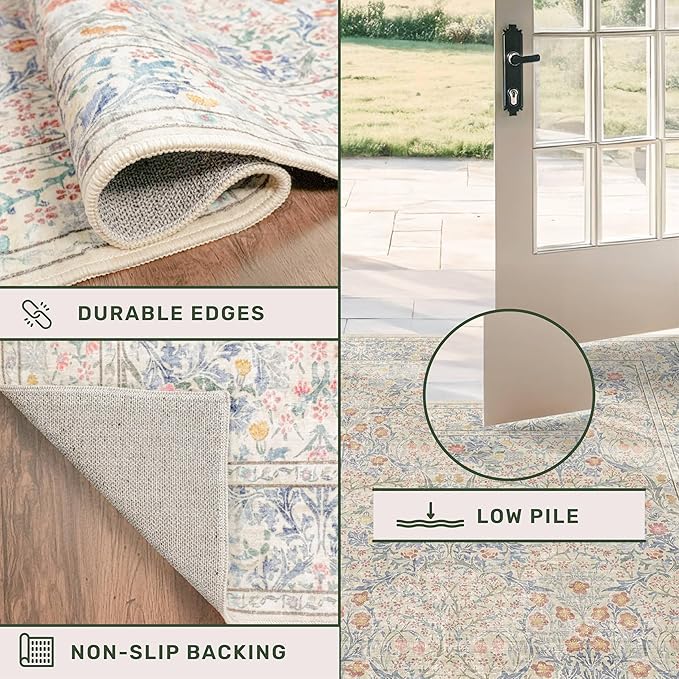 Vintage Beige Blue 3x10 Runner Rug for Hallway, Kitchen, Bathroom, Entryway Indoor, Washable Non Slip Rubber Backing Stain Resistant - Botanical Home Decor