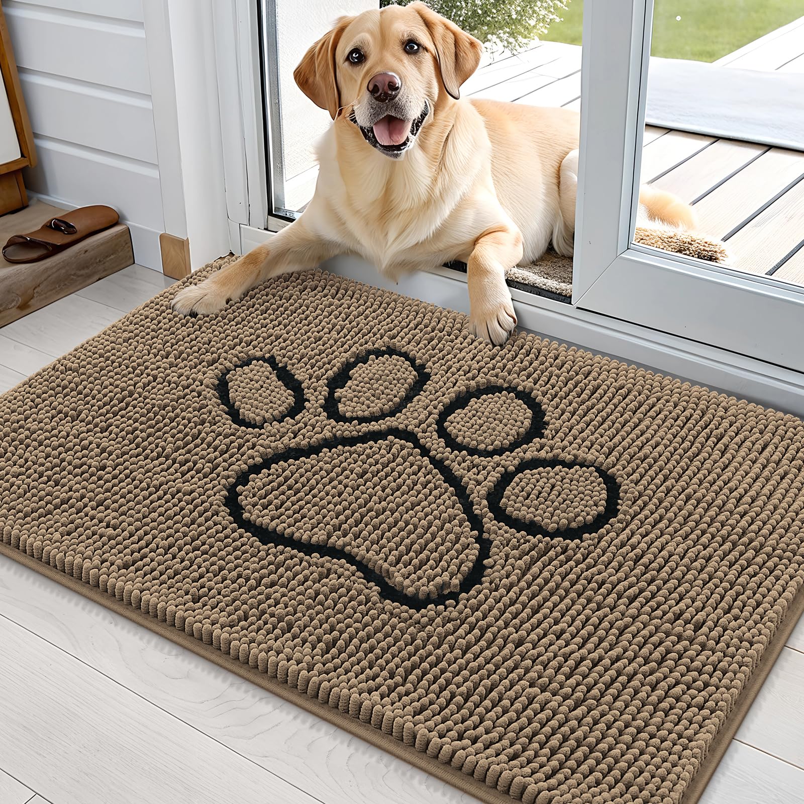 OLANLY Dog Door Mat for Muddy Paws 36x24, Paw Print Design Chenille Mud Mat