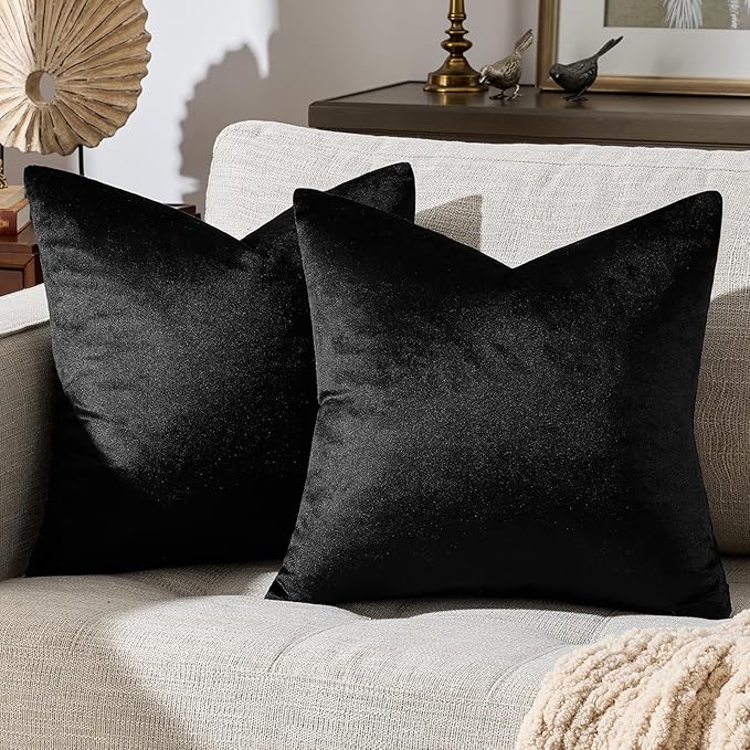 GIGIZAZA Black Velvet Pillow Covers 20x20,Decorative Square Throw Pillows Modern Covers Big Solid Living Room Pillow Cases for Couch Pack of 2
