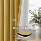 Guken 100% Blackout Curtains 63 Inch Length 2 Panels Set for Living Room Bedroom Back Tab Thermal Insulated Black Out Linen Drapes Room Darkening Window Curtains 63 Inches Long,Gold
