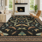 Hazo Haus Black Washable Insect Area Rugs 8x10 for Living Room, Bedroom, Dining Room Under Table, Playroom, Large Dark Whimsical Boho Indoor Rug, Ultra Soft Low Pile Non Slip