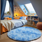 ONASAR Round Rugs 5ft for Bedroom Living Room, Tie-Dye Blue Fluffy Circle Area Rug for Kids Girls Boys Teen, Soft Plush Shaggy Carpet for Nursery Dorm Classroom Playroom Home Decor Aesthetic