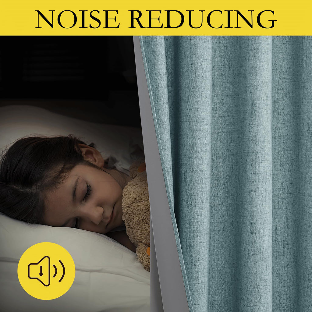 NICETOWN 100% Absolutely Blackout Linen Curtains with Thermal Insulated White Liner, Skylark Blue, 52 inches Wide, 95 inches Length Energy Saving Curtains for Living Room 2 Panels Set, Vertical Blinds