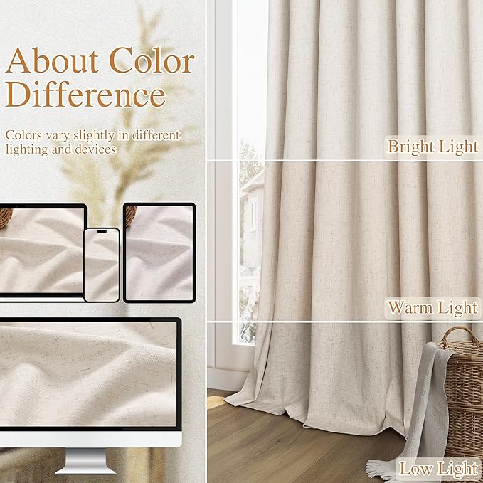 Guken 100% Blackout Linen Curtains 98 Inch Wide by 52 Inch 2 Panels Set for Living Room Bedroom Back Tab Thermal Insulated Black Out Drapes Room Darkening Window Curtains, Linen
