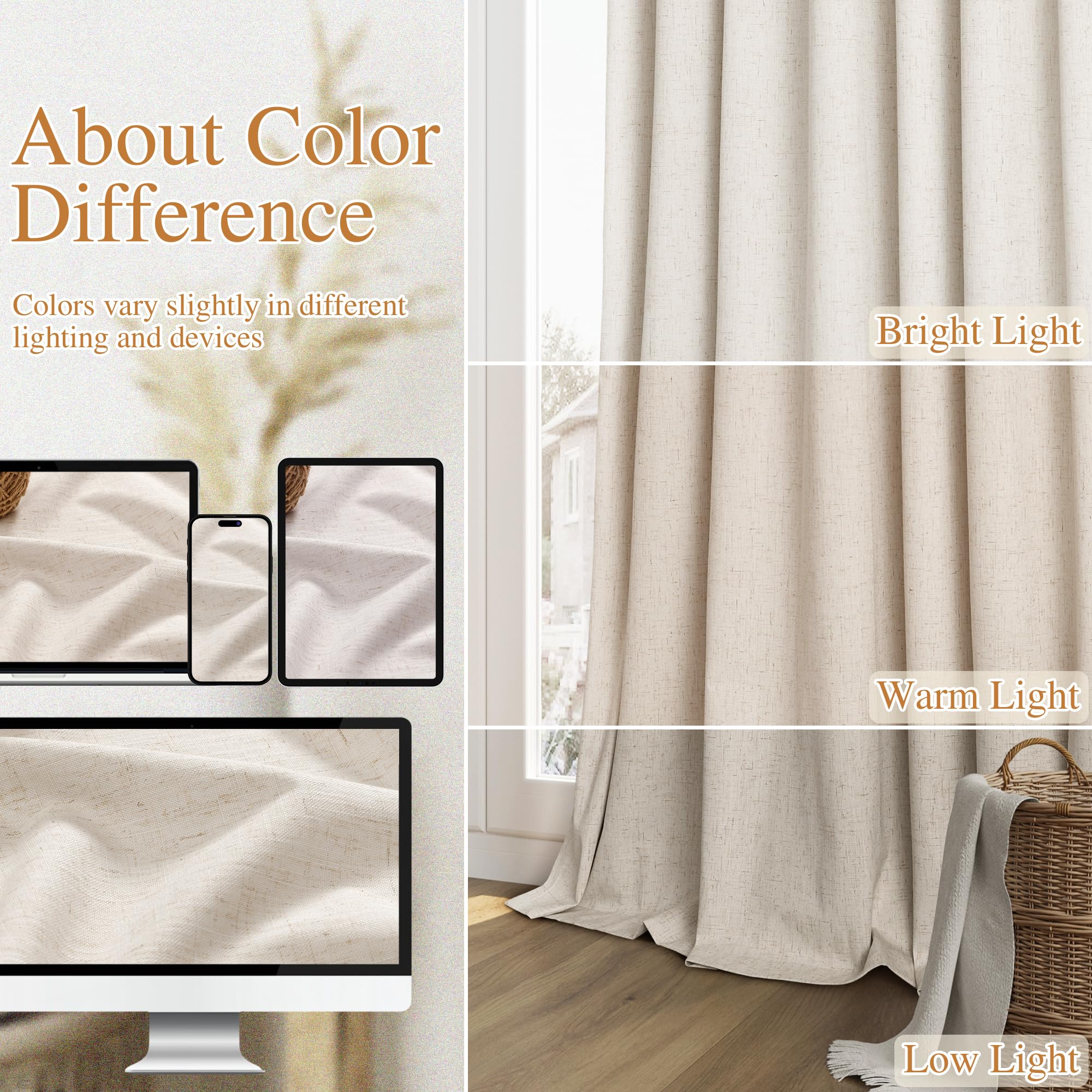 Guken 100% Blackout Linen Curtains 63 Inch Length 2 Panels Set for Living Room Bedroom Back Tab Thermal Insulated Black Out Drapes Room Darkening Farmhouse Style for Bedroom Window Curtains 52x63