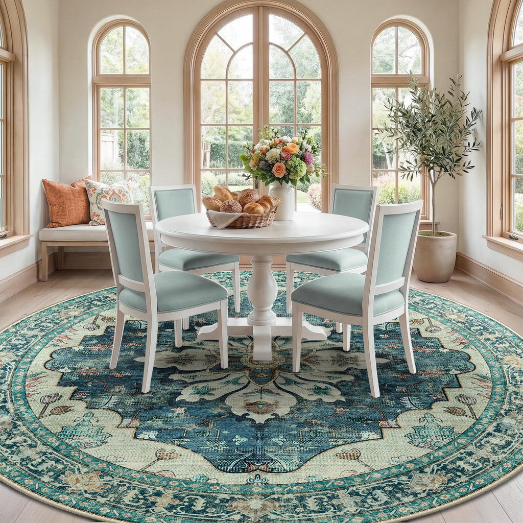 RELEANY Washable Area Rug, Round 8ft, Blue/Vintage Dark Blue