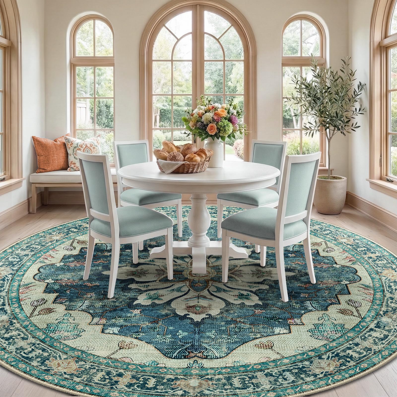 RELEANY Washable Area Rug, Round 8ft, Blue/Vintage Dark Blue