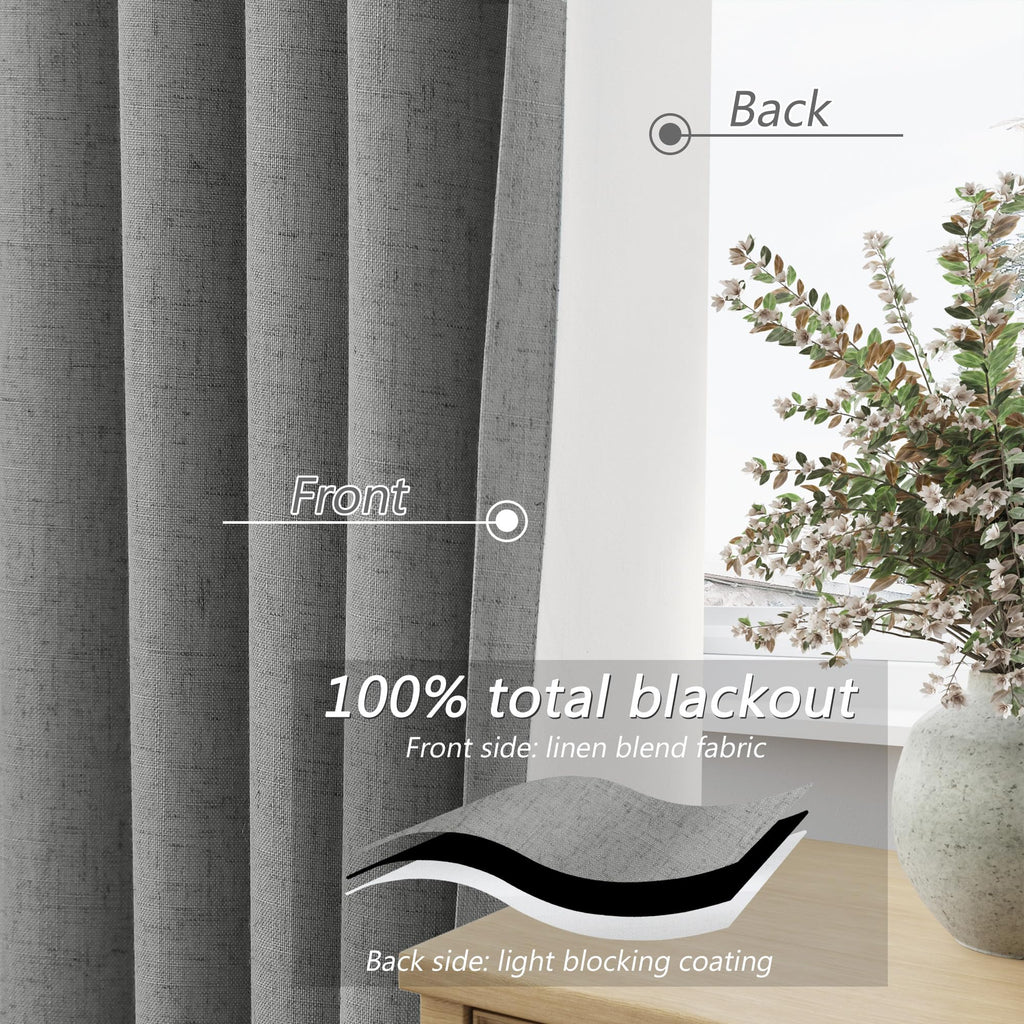 Guken 100% Blackout Linen Curtains 72 Inch Length 2 Panels Set for Living Room Bedroom Back Tab Thermal Insulated Black Out Linen Drapes Room Darkening Window Curtains,Dark Grey