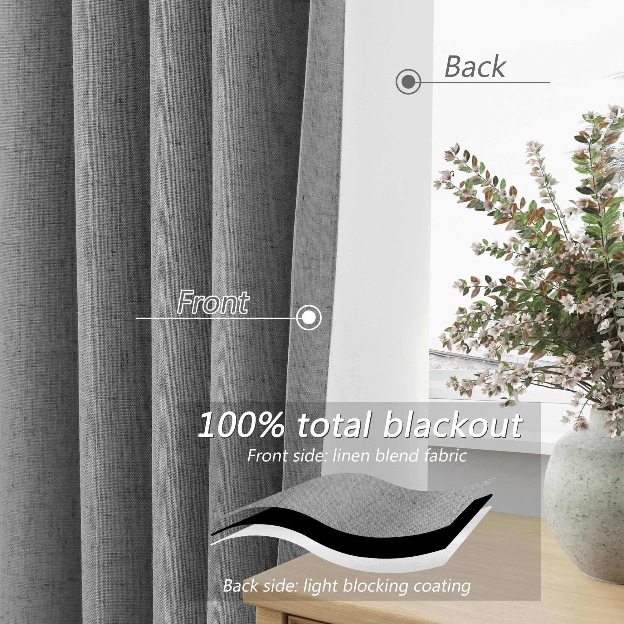 Guken 100% Blackout Linen Curtains 72 Inch Length 2 Panels Set for Living Room Bedroom Back Tab Thermal Insulated Black Out Linen Drapes Room Darkening Window Curtains,Dark Grey
