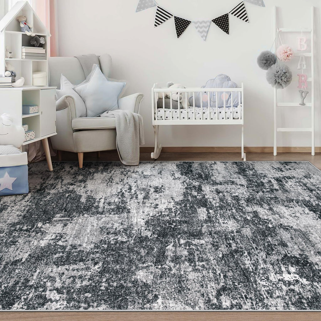 pmtsns Area Rugs 6x9 for Living Room: Washable Rug Modern Abstract Neutral Soft Non-Slip Low-Pile Indoor Carpet for Bedroom Dining Room Playroom Home Office (Black Grey, 6'x9')