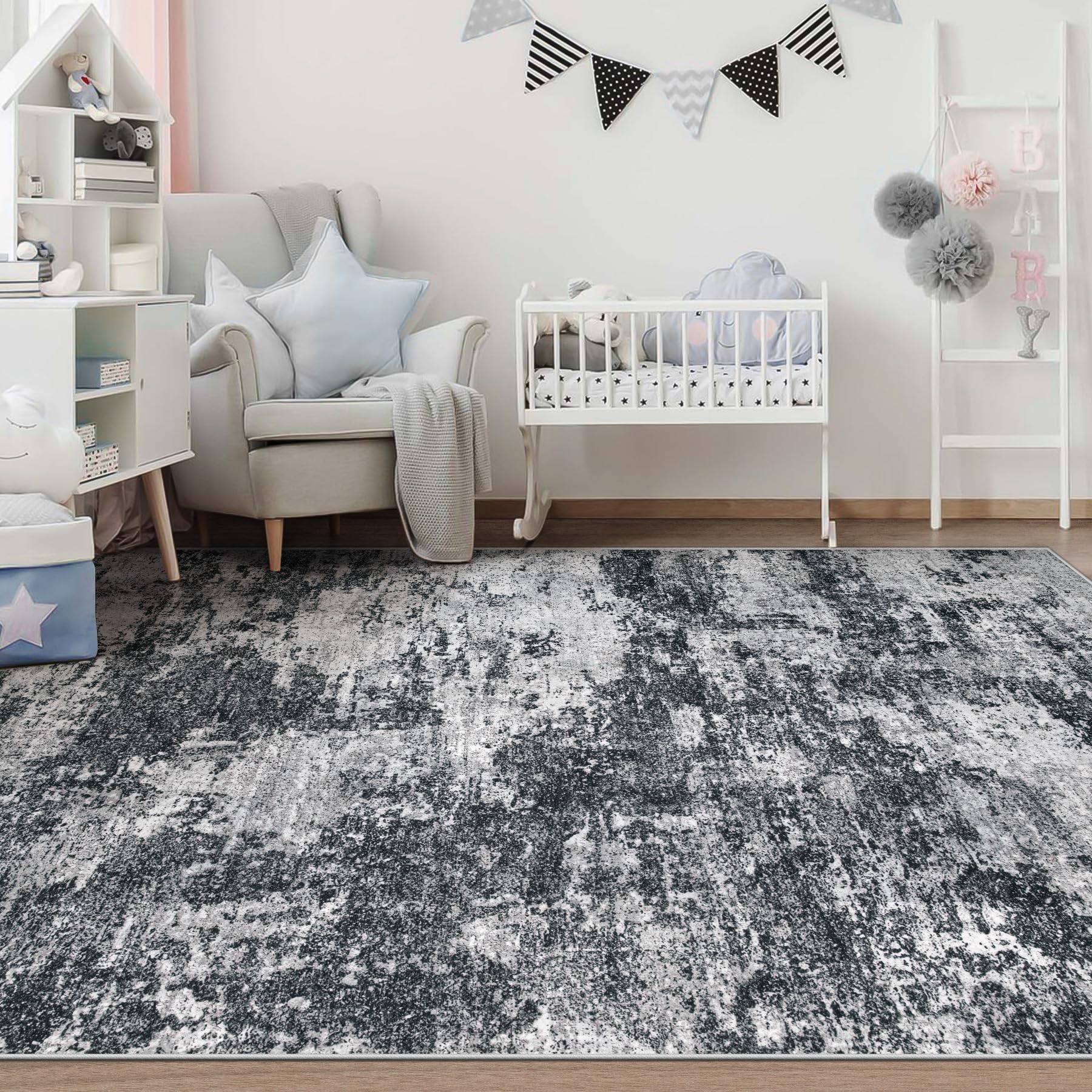 pmtsns Area Rugs 6x9 for Living Room: Washable Rug Modern Abstract Neutral Soft Non-Slip Low-Pile Indoor Carpet for Bedroom Dining Room Playroom Home Office (Black Grey, 6'x9')