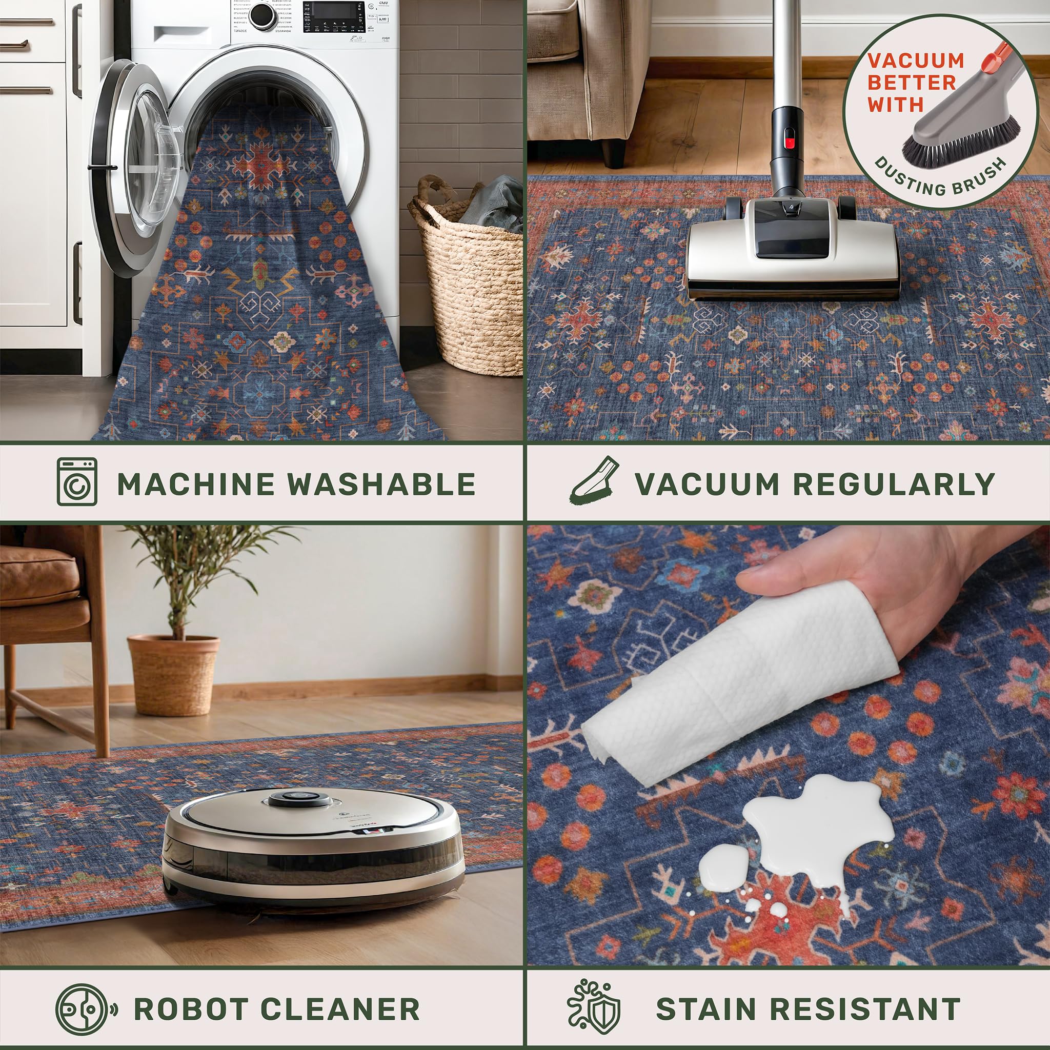 Washable 8 ft Long Runner for Kitchen Floor - Navy Blue Hallway Runner Rug, Pet Friendly Waterproof Non Slip with Rubber Backing, Stain Resistant Laundry Room Rug (2'6"x8' Navy Blue & Terracotta)