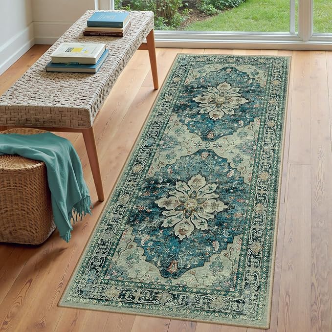 RELEANY Washable Area Rug, Runner 3'x7', Blue/Vintage Dark Blue