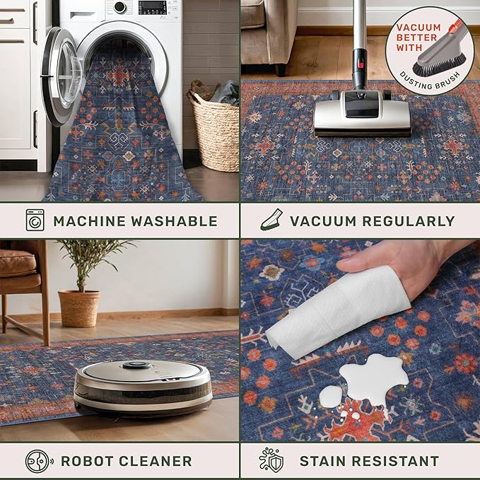 Hazo Haus Washable 3x8 Long Runner for Wide Kitchen Floor - Navy Blue 8ft Hallway Runner Rug, Pet Friendly Waterproof Non Slip with Rubber Backing, Stain Resistant Area Rug