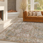 Hazo Haus Vintage Moss Green Living Room Rug, 7x10 Washable Large Area Rugs for Bedroom, Dining Room Rugs Under Kitchen Table, Oriental Taupe Low Pile Stain Resistant Non-Slip