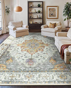 RELEANY Area Rugs 10'x14' Washable Non-Slip, Floral Vintage Distress Print Pattern Medallion Carpet for Living Room Bedroom Dining Room, Light Yellow Carbon Grey Orange