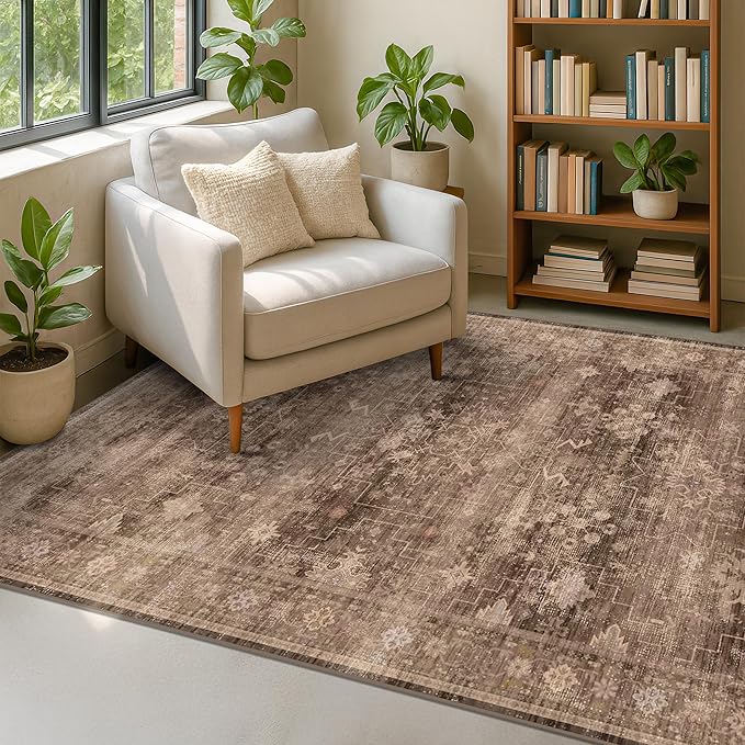 Hazo Haus Taupe Brown Living Room Rug 6x9 - Vintage Traditional Eclectic Unique Neutral, Washable Low Pile Non-Slip Large Area Rugs for Dining Under Table Bedroom Lounge