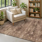 Hazo Haus Taupe Brown Living Room Rug 6x9 - Vintage Traditional Eclectic Unique Neutral, Washable Low Pile Non-Slip Large Area Rugs for Dining Under Table Bedroom Lounge