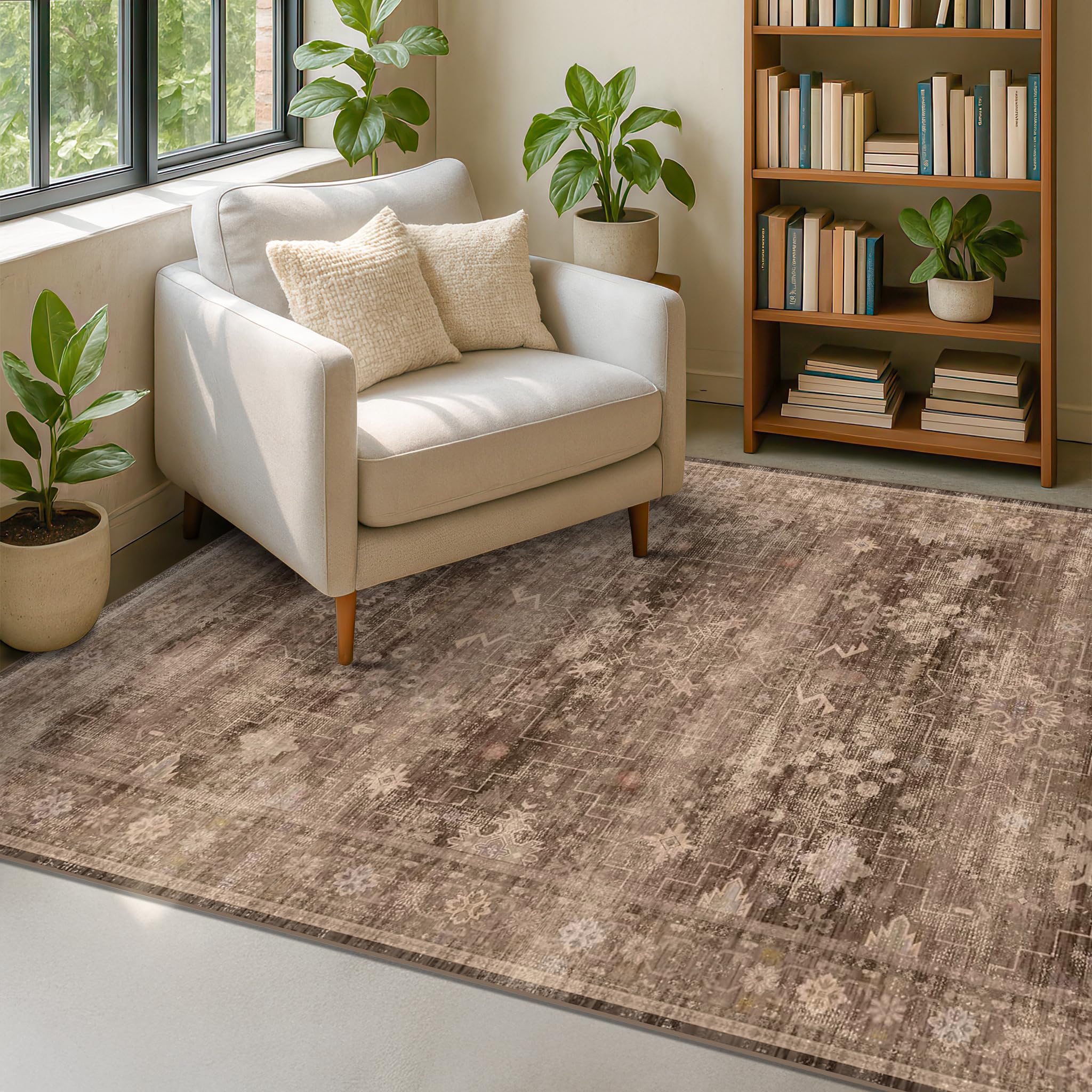 Boho Taupe Brown 4x6 Living Room Rug - Modern Traditional Oriental Neutral, Washable Low Pile Non-Slip Small Area Rugs for Entryway, Bedroom, Foyer, Mudroom