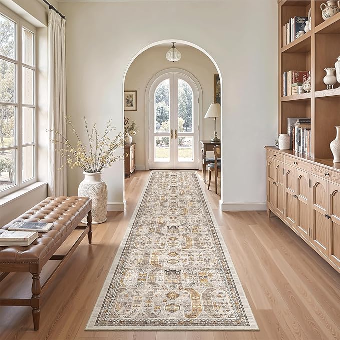 Madane Washable Runner Rugs 2x12 Long for Hallway Kitchen Soft, Brown/Gold
