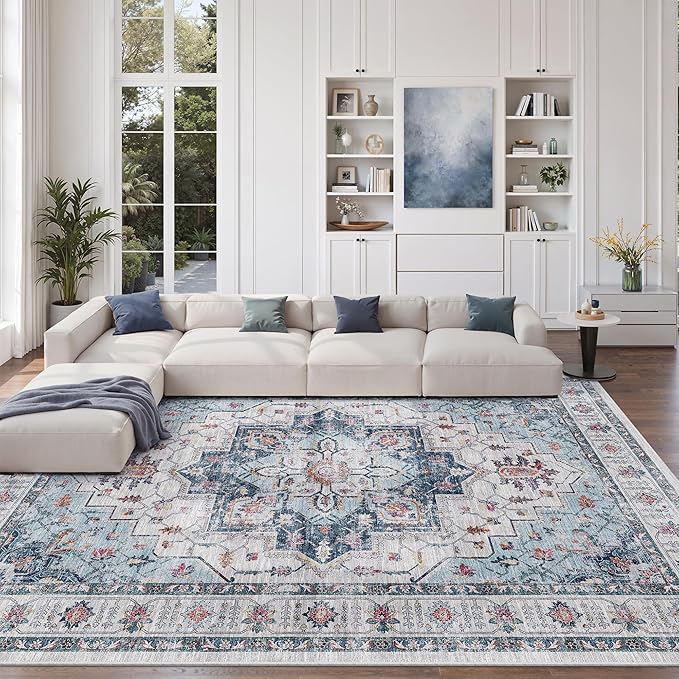 zesthome 9x12 Area Rugs for Living Room,Large Washable Rug,Blue