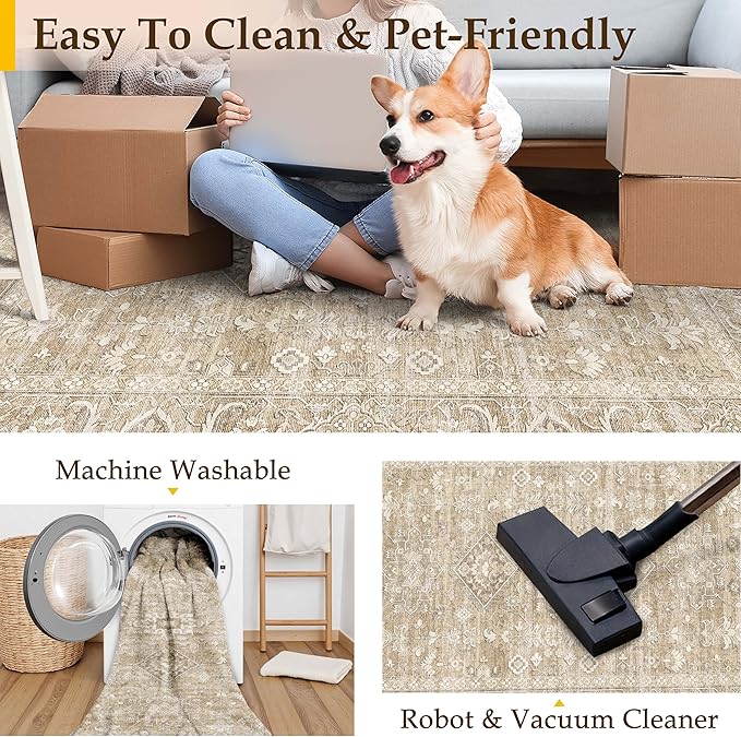 8x10 Washable Area Rug for Living Room Bedroom Vintage Beige Non Slip Carpet Traditional Retro Soft Low Pile Large Throw Rug for Dining Room Kitchen Office Indoor