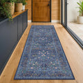 Dark Blue 3x8 Wide Hallway Runner Rugs Indoor Non Slip, 8ft Oriental Washable Rug for Kitchen, Entrance Indoor, Vintage Floral Design Low Pile & Soft Stain Resistant Carpet
