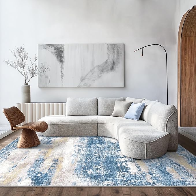 Area Rugs 6x9 for Living Room Bedroom, Modern Abstract Machine Washable Soft Blue Rug, Floor Carpet with Non Slip Backing for Dining Room